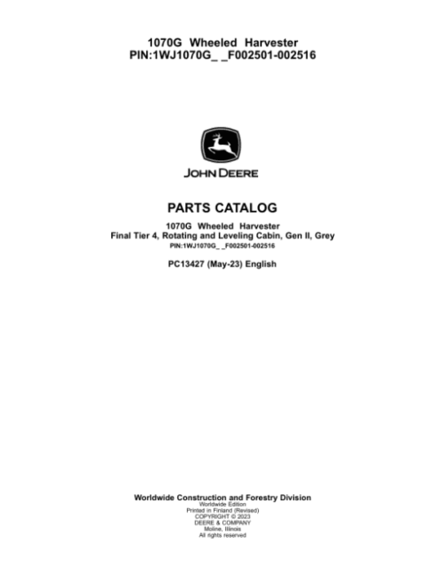 John Deere 1070G Harvester Parts Catalog Manual