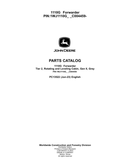 John Deere 1110G T2 RL Forwarders Parts Catalog Manual