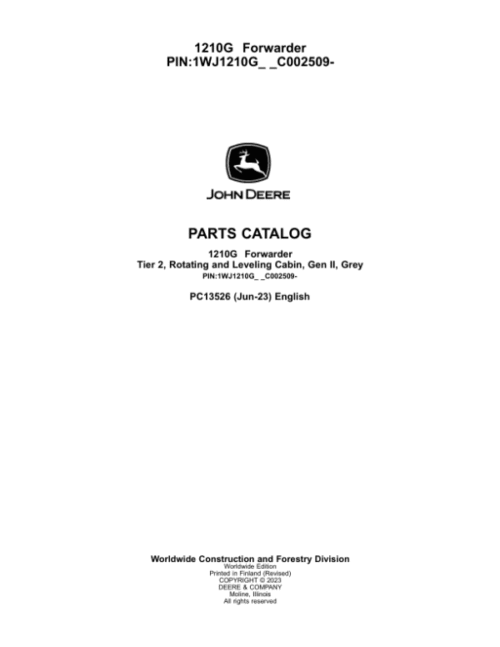 John Deere 1210G T2 RL Forwarders Parts Catalog Manual
