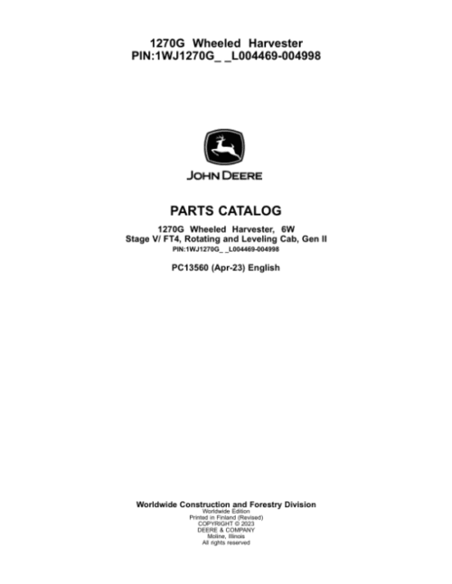 John Deere 1270G 6W Wheeled Harvesters Parts Catalog Manual