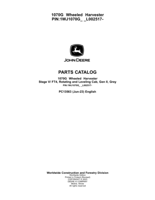 John Deere 1070G Forwarders Parts Catalog Manual