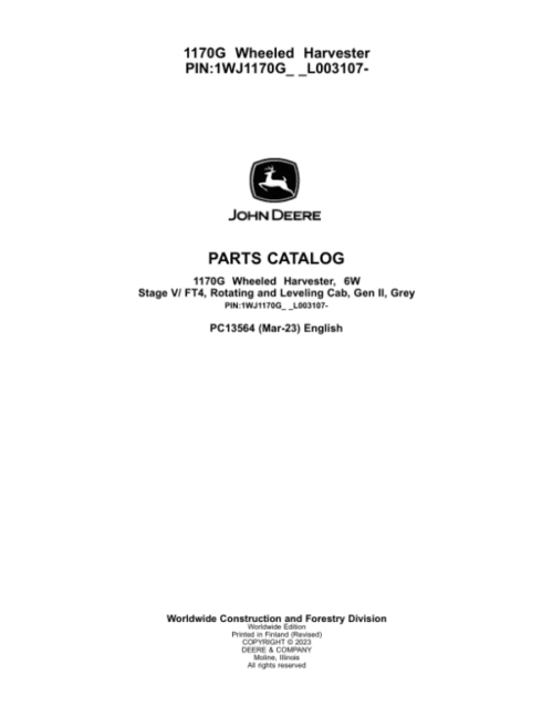 John Deere 1170G Forwarders Parts Catalog Manual