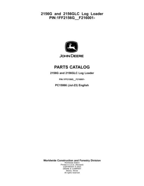 John Deere 2156G, 2156GLC Log Loaders Parts Manual