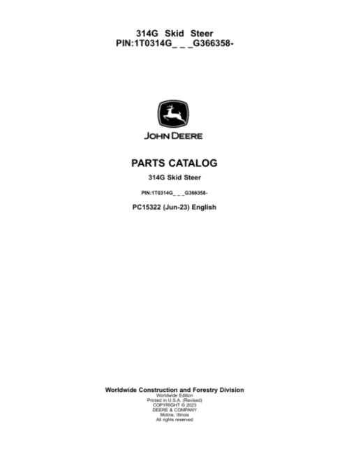 John Deere 314G Skid Steers (SN 1T0314G_ G366358) Parts Catalog Manual