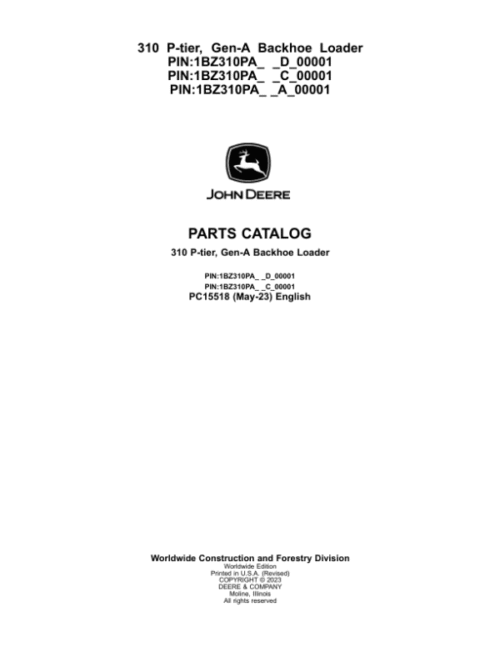 John Deere 310 P Backhoe Loaders (SN D_00001- & C_00001- & A_00001-) Parts Catalog Manual