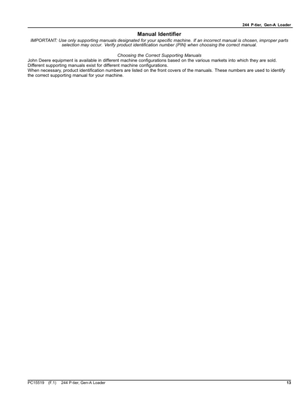John Deere 244 P Loaders (SN 1LU244PA_ _B_74142-) Parts Catalog Manual John Deere 244 P Loaders (SN 1LU244PA_ _B_74142-) Parts Catalog Manual - Image 2