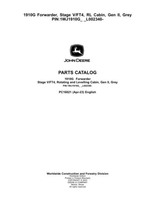 John Deere 1910G Forwarder, Stage V/FT4, RL Cabin, Gen II, Grey (SN L002340-) Parts Catalog Manual