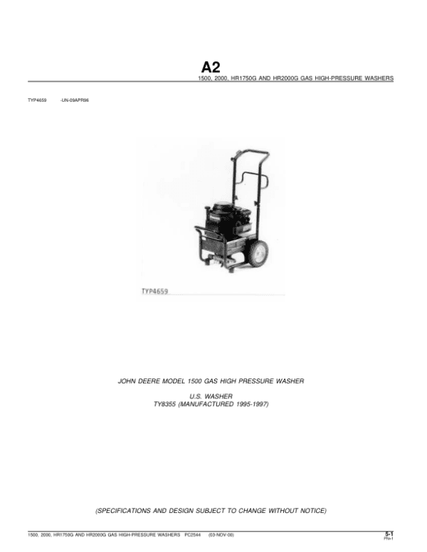 John Deere 1500, 2000, HR1750G, HR2000G GAS High-Pressure Washers Parts Catalog Manual John Deere 1500, 2000, HR1750G, HR2000G GAS High-Pressure Washers Parts Catalog Manual