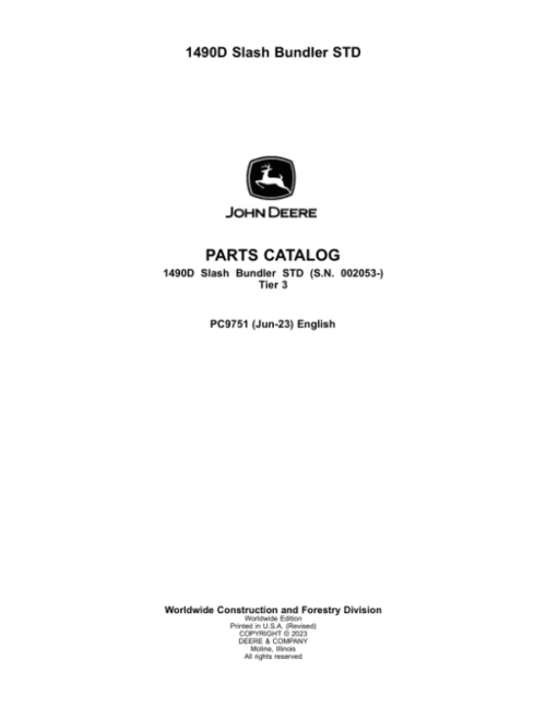 John Deere 1490D T3 Forwarders Parts Catalog Manual