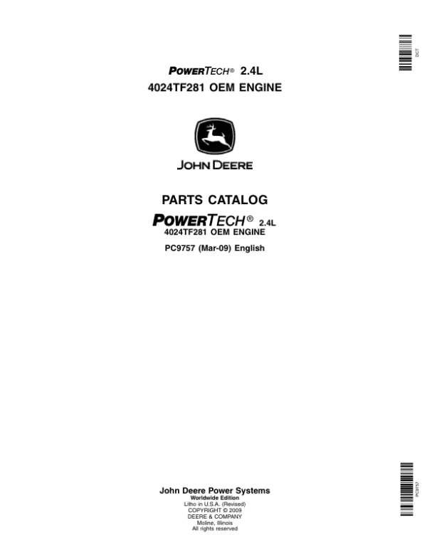 John Deere 2.4L, 4024TF281 Engines Parts Catalog Manual John Deere 2.4L, 4024TF281 Engines Parts Catalog Manual