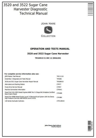 John Deere 3520 3522 Wheel Sugar Cane Diagnostic Service Manual
