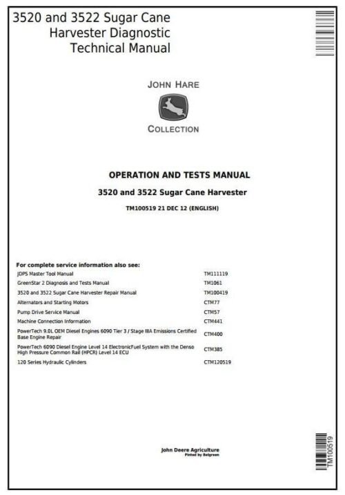 John Deere 3520 3522 Wheel Sugar Cane Diagnostic Service Manual