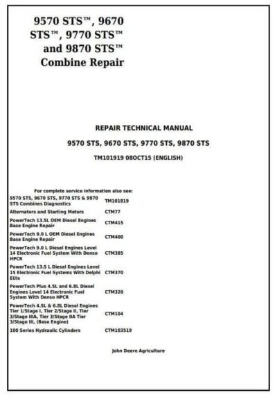 John Deere 9570 STS 9870 STS Combines Service Repair Manual