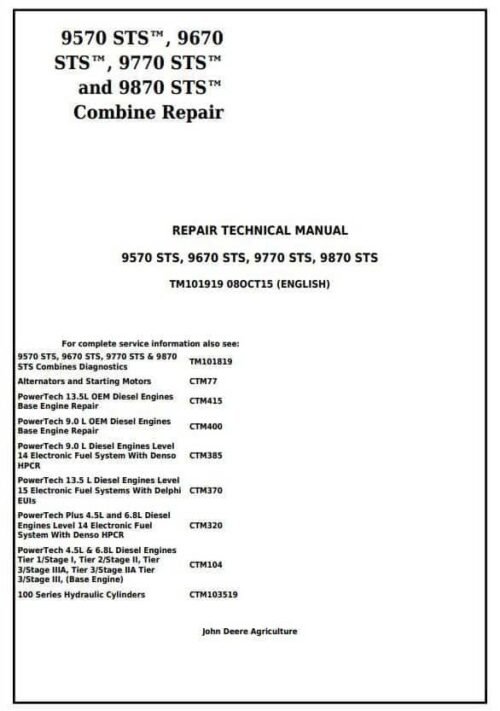 John Deere 9570 STS 9870 STS Combines Service Repair Manual