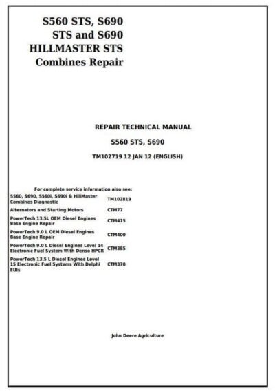 John Deere S560 STS S690 Combines Repair Technical Manual