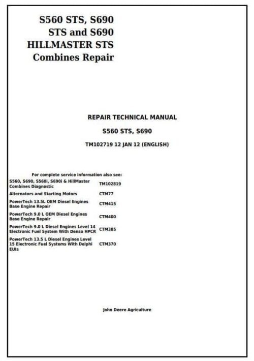 John Deere S560 STS S690 Combines Repair Technical Manual