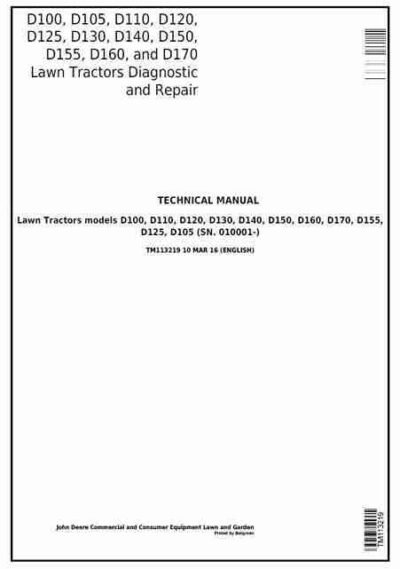 John Deere D100 D155 D160 Diagnostic Lawn Tractors Manual