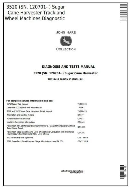 John Deere 3520 Sugar Cane Harvester Diagnostic Service Manual