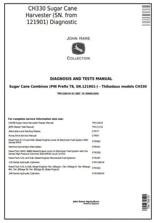 John Deere CH330 Sugar Cane Harvester Diagnostic and Tests Service Manual