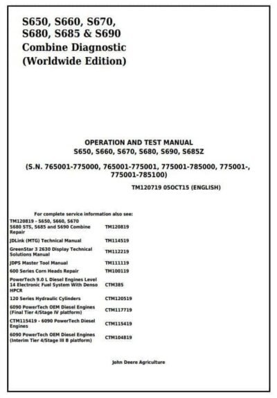 John Deere S650 S660 S690 Combines Diagnostic and Test Service Manual