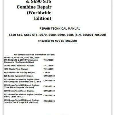 John Deere S650 S660 S690 STS Combines Service Repair Manual