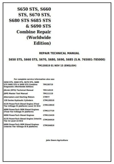 John Deere S650 S660 S690 STS Combines Service Repair Manual