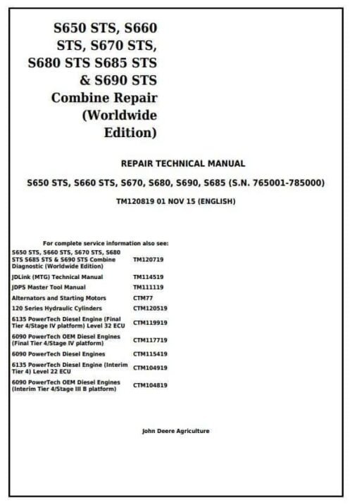 John Deere S650 S660 S690 STS Combines Service Repair Manual