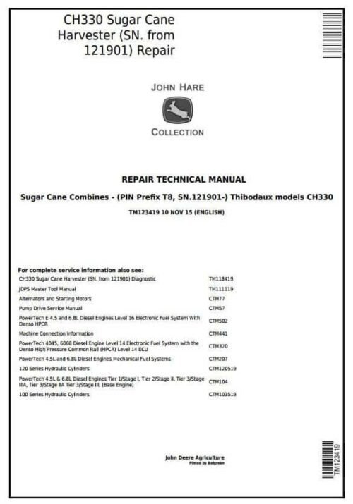 John Deere Thibodaux CH330 Sugar Cane Repair Service Manual