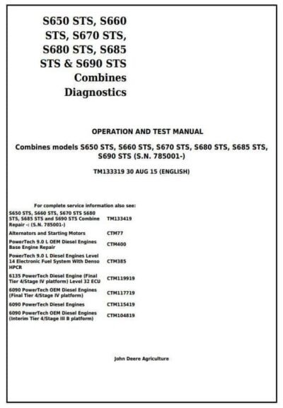 John Deere S660STS S670STS S680STS Combines Diagnostic Manual