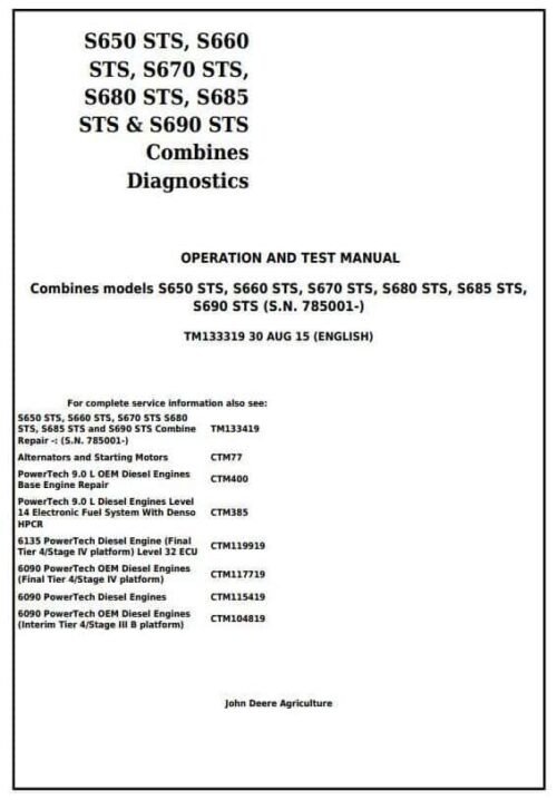 John Deere S660STS S670STS S680STS Combines Diagnostic Manual