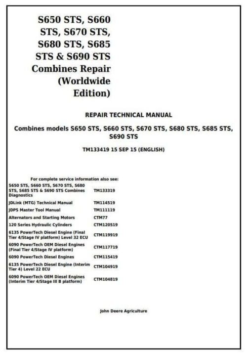 John Deere S650STS S685STS S690STS Combines Repair Manual