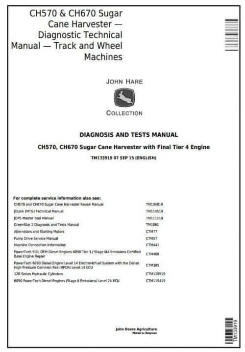 John Deere CH570 CH670 Sugar Cane Harvester Diagnosis Service Manual