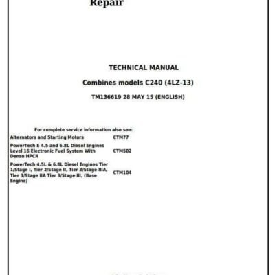John Deere C240 4LZ-13 Combine Diagnostic Repair Technical Manual