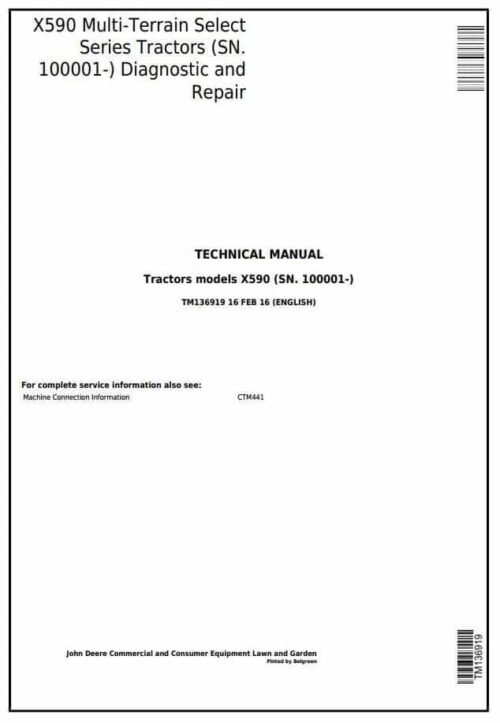 John Deere X590 Tractor Service Repair Manual