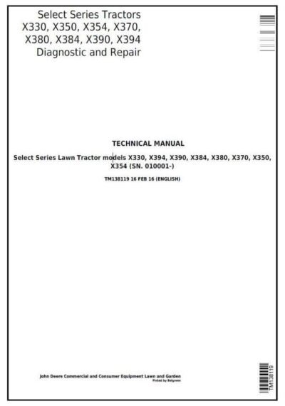 John Deere X390 X394 Lawn Repair Service Manual