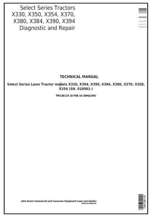 John Deere X390 X394 Lawn Repair Service Manual