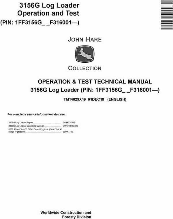 John Deere 3156G (SN. F316001-) Log Loader Operation Manual