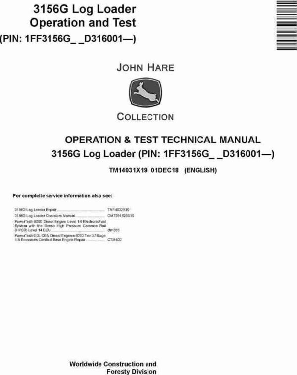 John Deere 3156G Log Loader Operation Service Manual