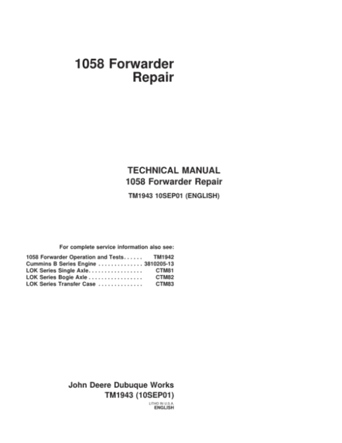 John Deere 1058 Forwarder Repair Technical Manual TM