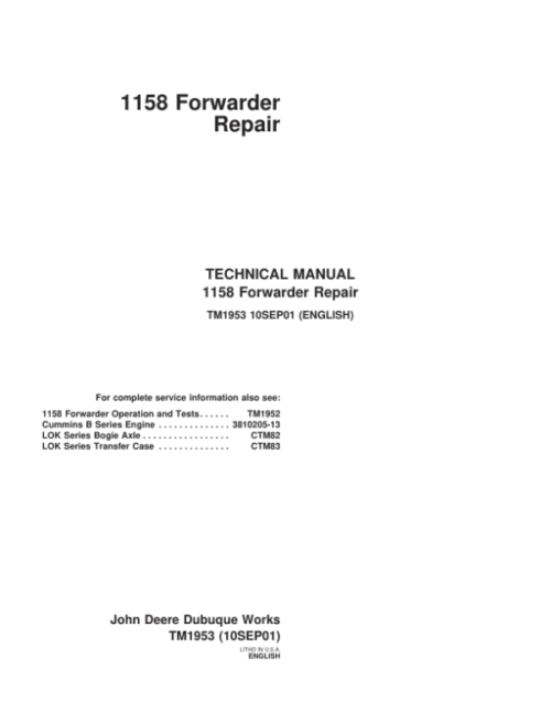 John Deere 1158 Forwarder Repair Technical Manual TM
