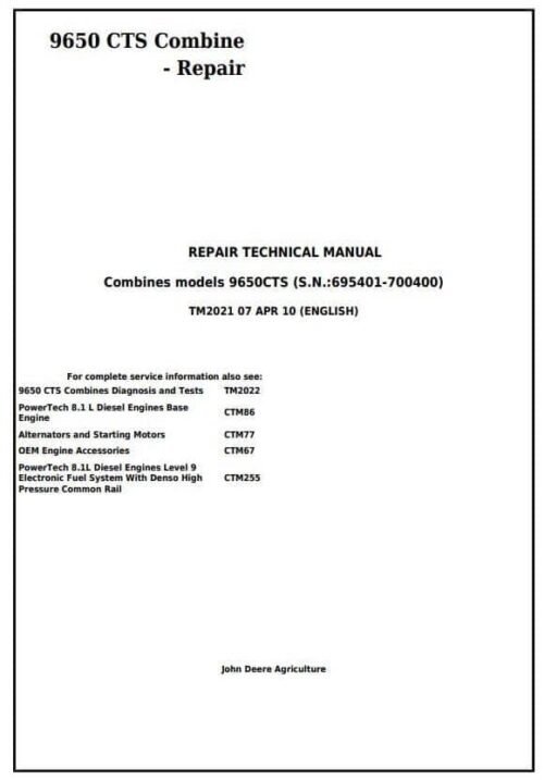 John Deere 9650 CTS Combine Repair Manual