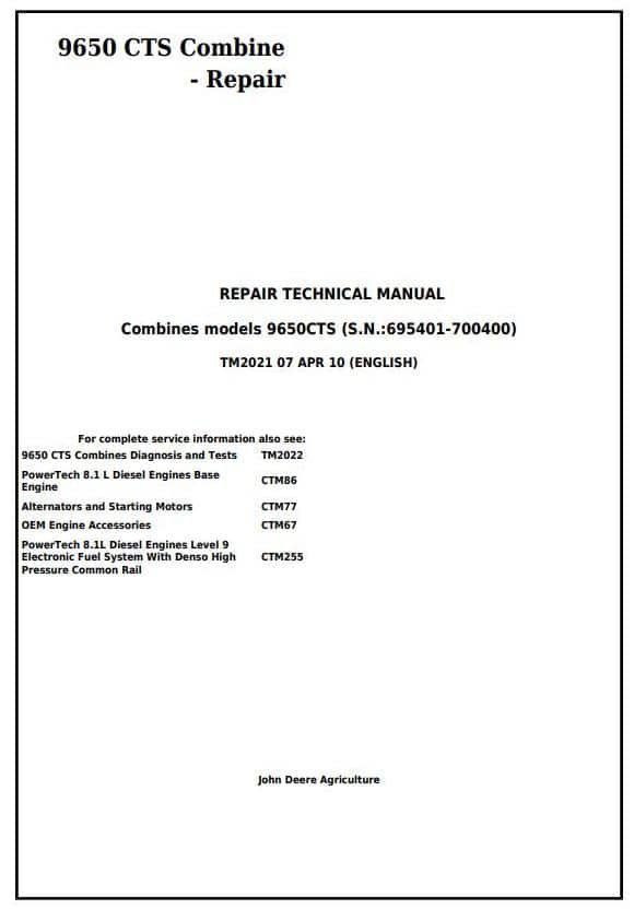 John Deere 9650 CTS Combine Repair Manual John Deere 9650 CTS Combine Repair Manual