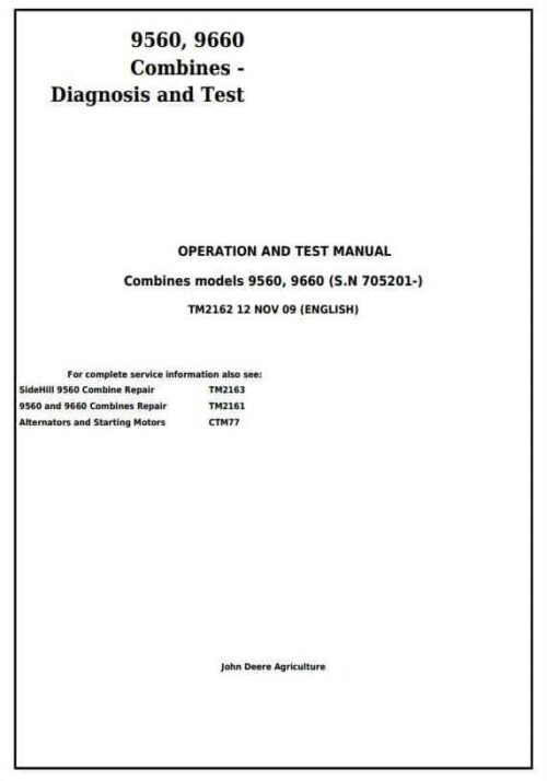 John Deere 9560 9660 Combines Diagnostic Operation Manual