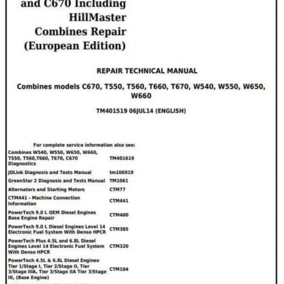 John Deere T550 T560 T660 T670 Service Repair Manual
