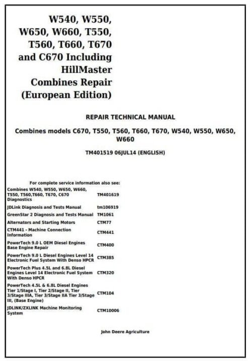 John Deere T550 T560 T660 T670 Service Repair Manual