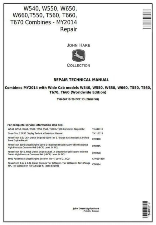 John Deere W540 W550 T670 Combines MY14 Repair Manual