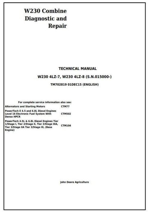 John Deere W230 Diagnostic Repair Technical Manual