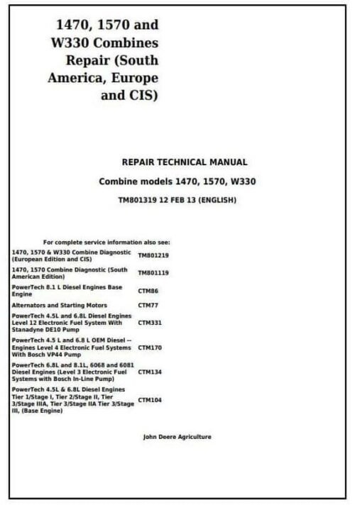 John Deere 1470 1570 W330 Combines Service Manual