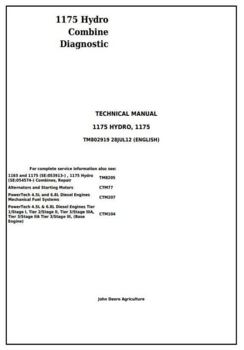 John Deere 1175 1175 Hydro Combine Diagnostic Manual