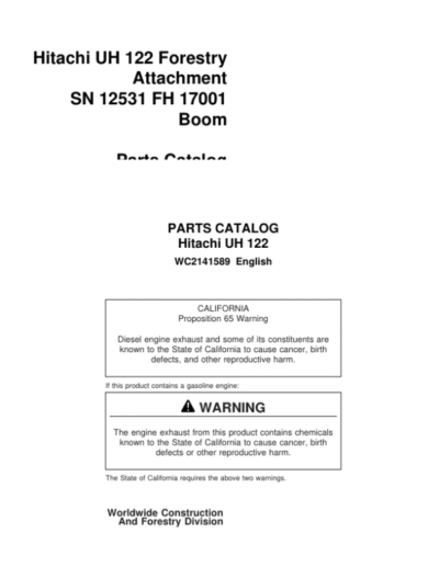 Hitachi UH 122 Attachments (SN 12531- & FH 17001 Boom) Parts Catalog Manual
